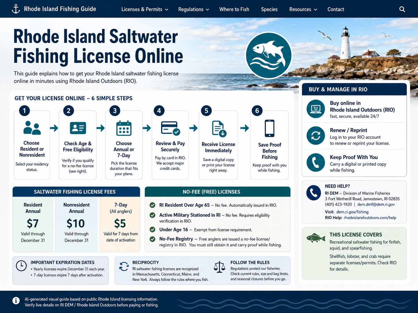 AI generated visual guide showing Rhode Island saltwater fishing license online cost renewal free registry age rules and RIO buying steps