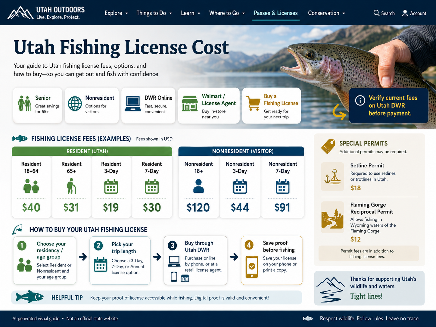 AI generated visual guide explaining Utah fishing license cost senior nonresident DWR online buying Walmart license agent and proof saving steps