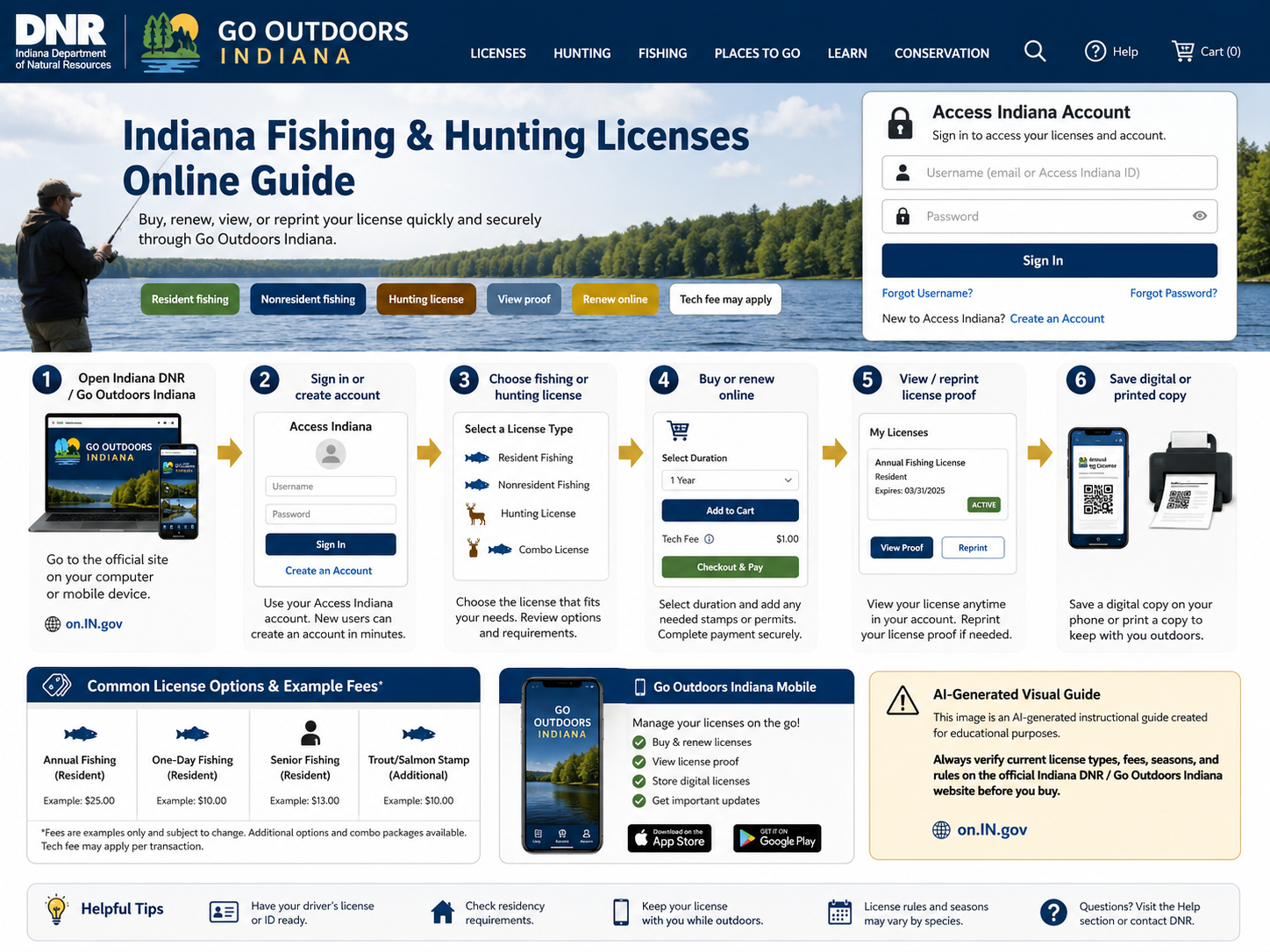 AI generated visual showing Indiana DNR Go Outdoors fishing license online login renewal view reprint and hunting license steps