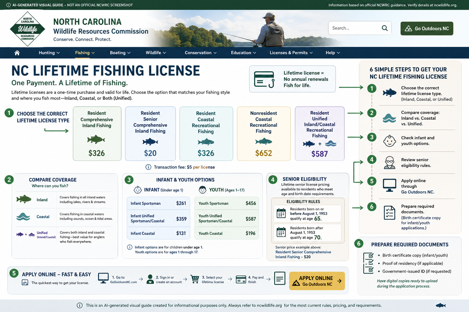 AI generated visual guide showing NC lifetime fishing license price online application infant hunting and fishing license senior rules and Go Outdoors NC steps
