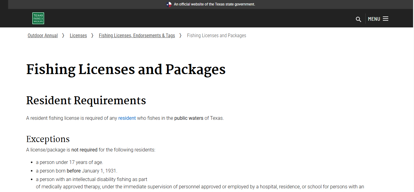 Texas Parks and Wildlife fishing license fee table showing resident senior nonresident and all-water package costs