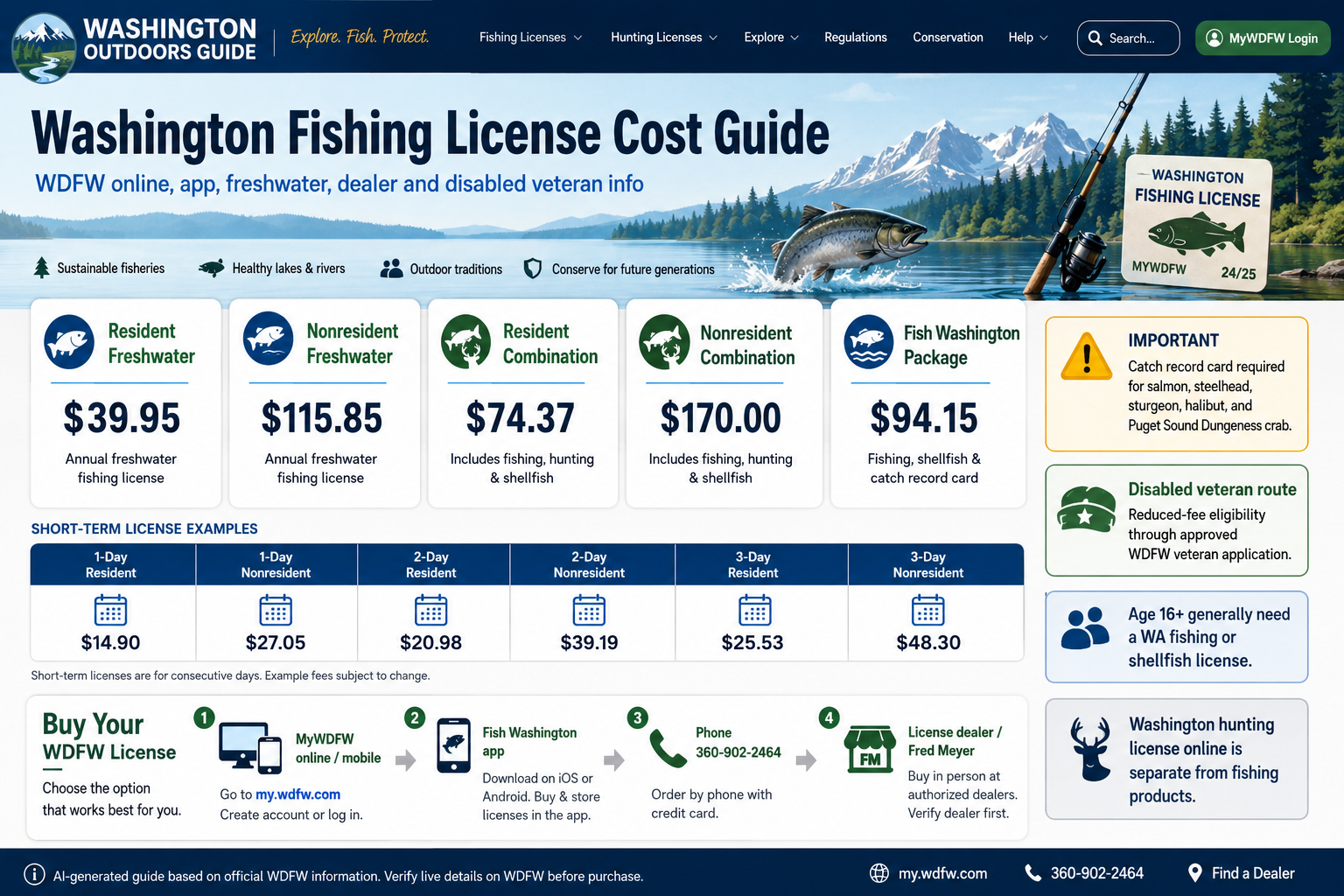 AI generated visual guide showing Washington WDFW fishing license cost freshwater license app dealer Fred Meyer disabled veteran and online buying steps